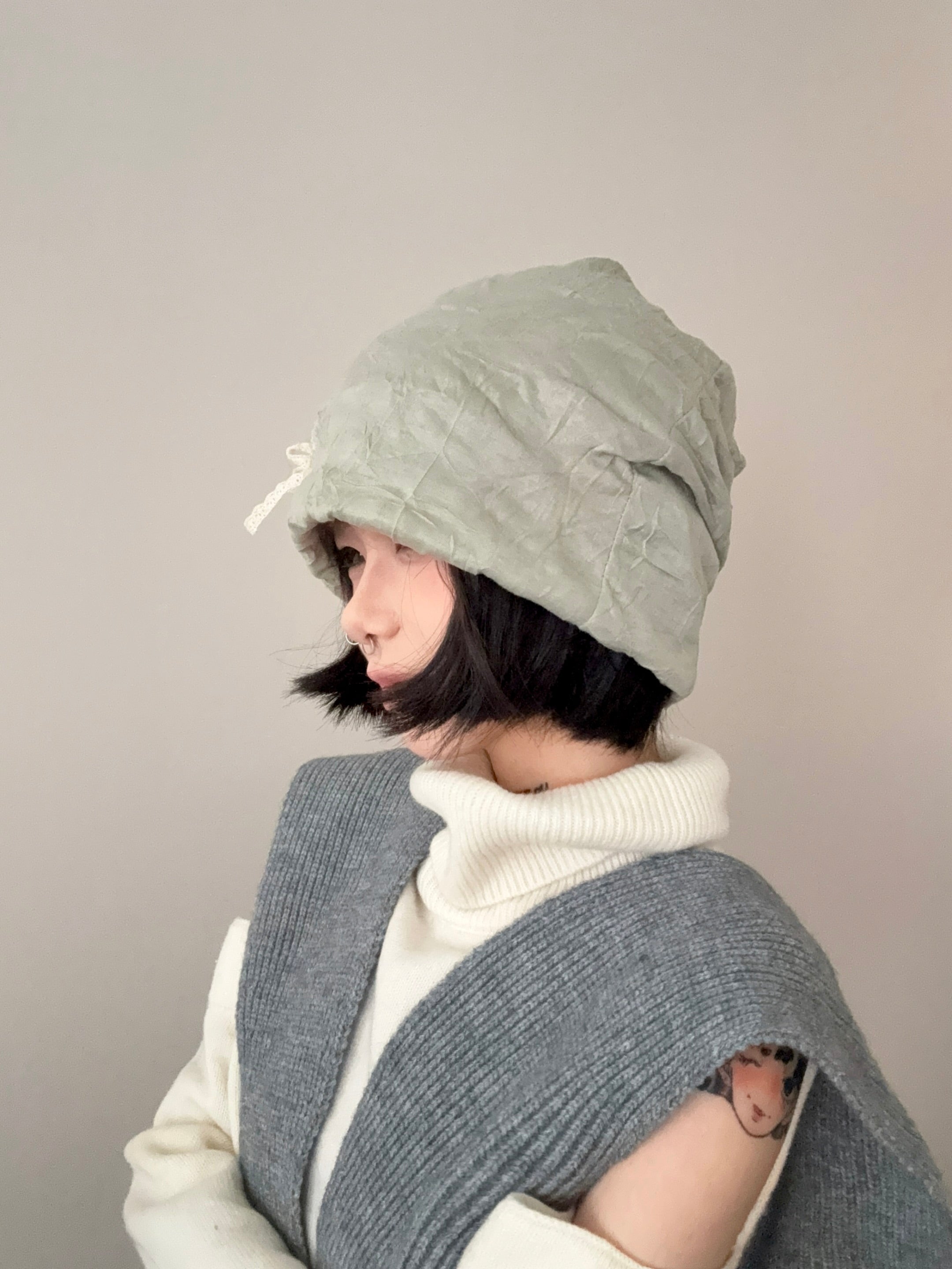 Sage Garden Crinkle Beanie with Lace Patch