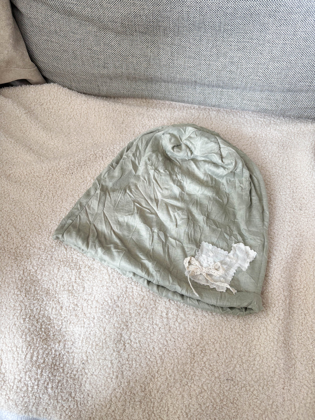 Sage Garden Crinkle Beanie with Lace Patch