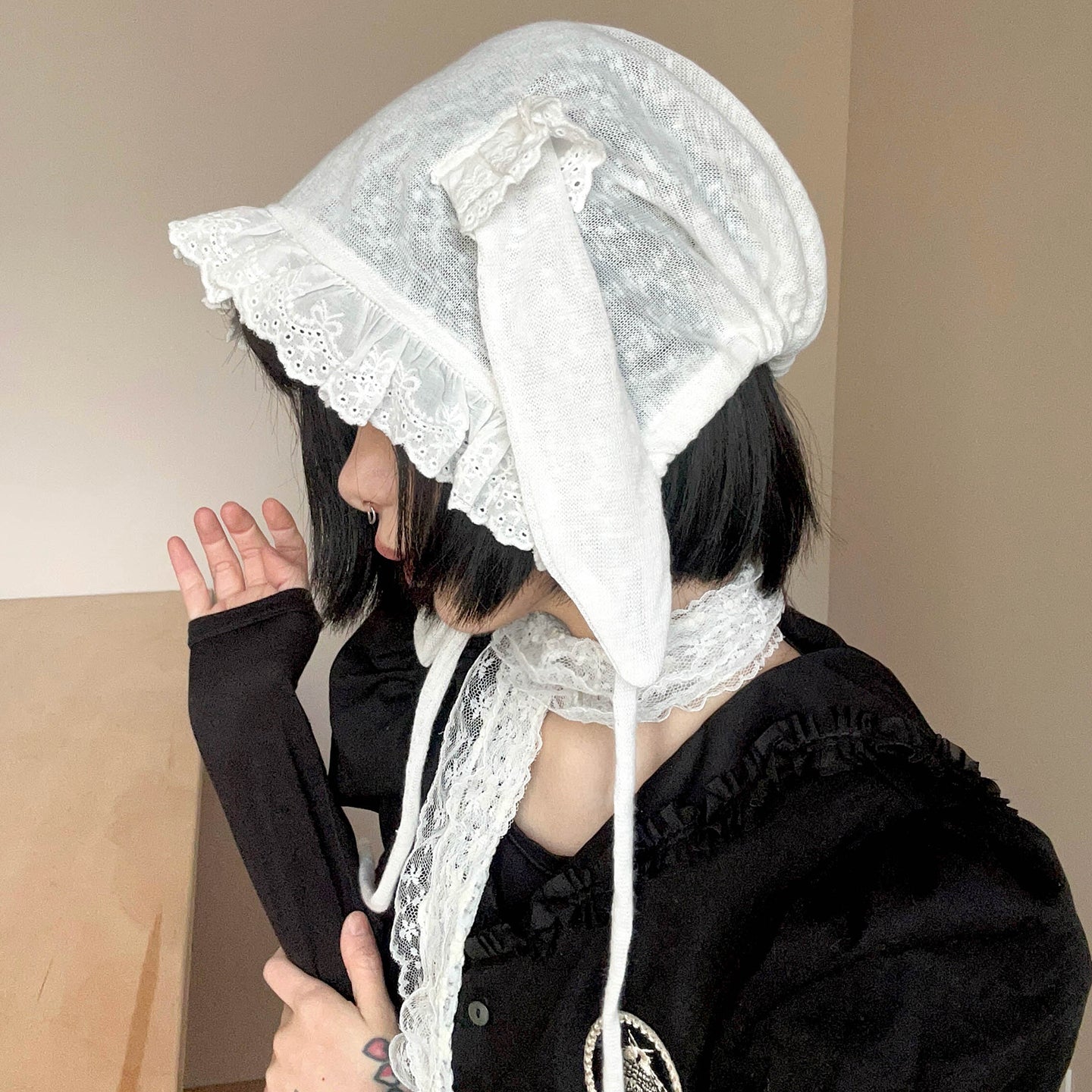 White Lace Bunny-Ear Bonnet