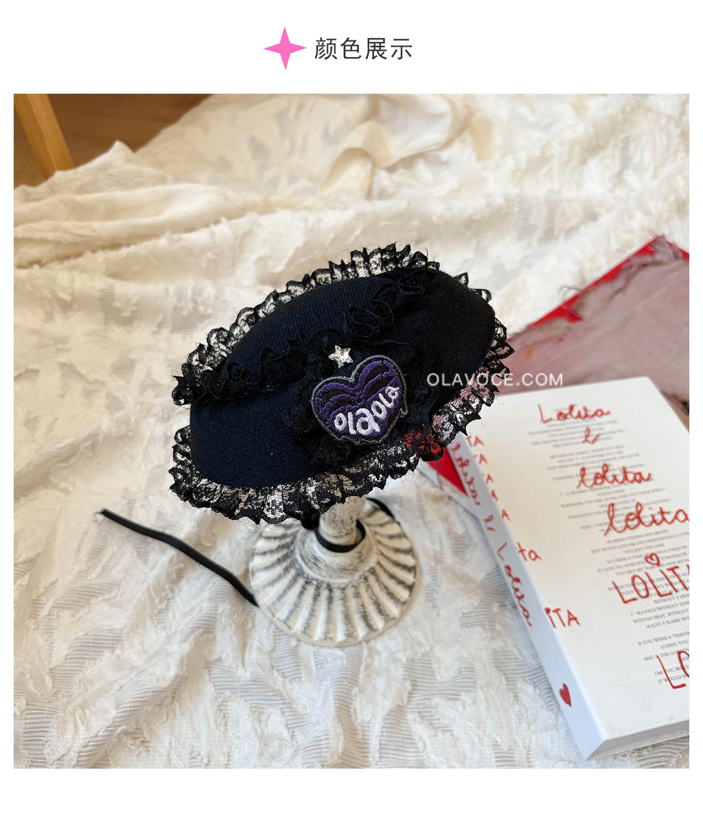 Dark Lolita Lace-Trimmed Heart Beret